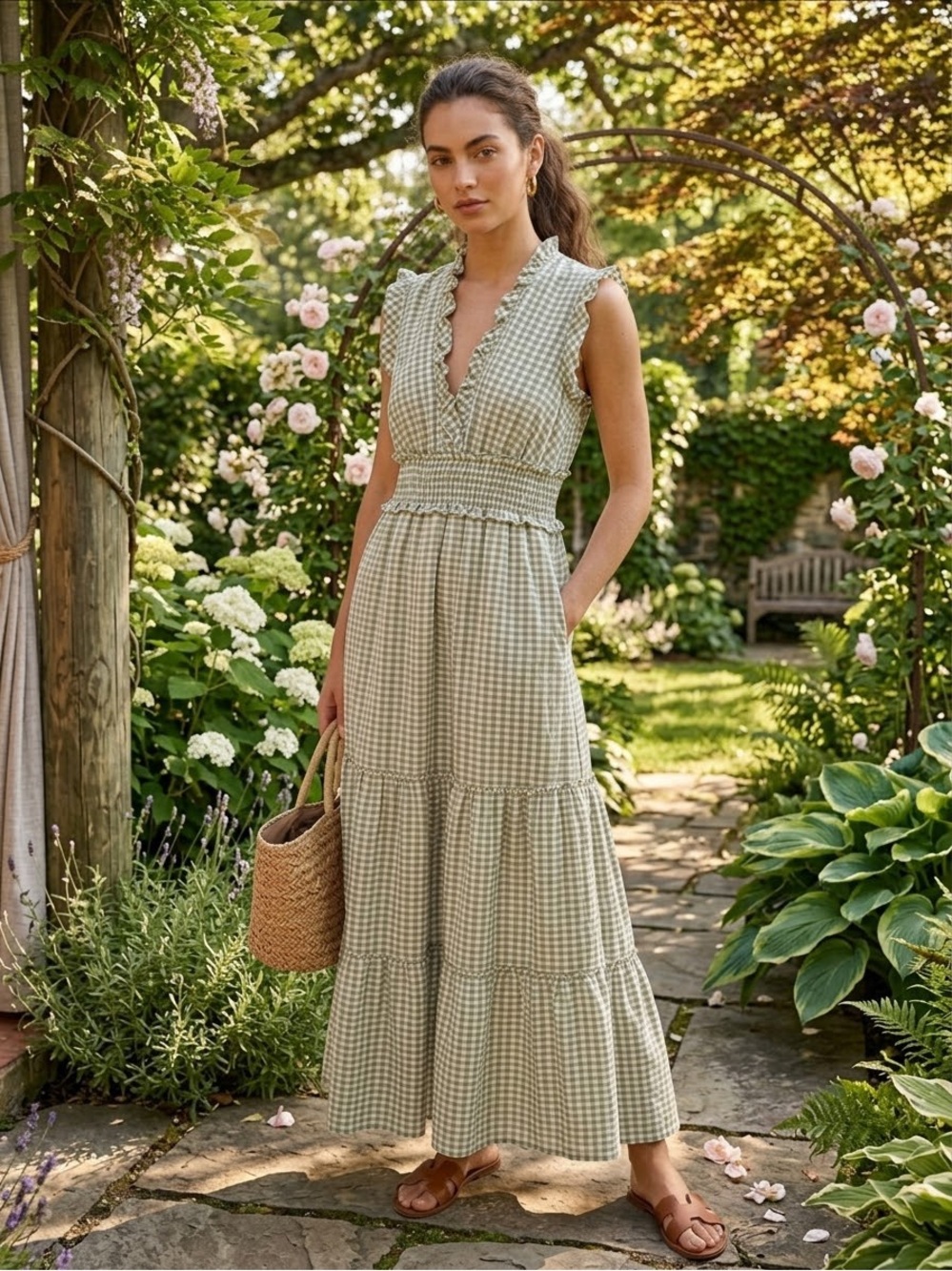 Max Studio Green Gingham Tiered Maxi Dress. Size XS